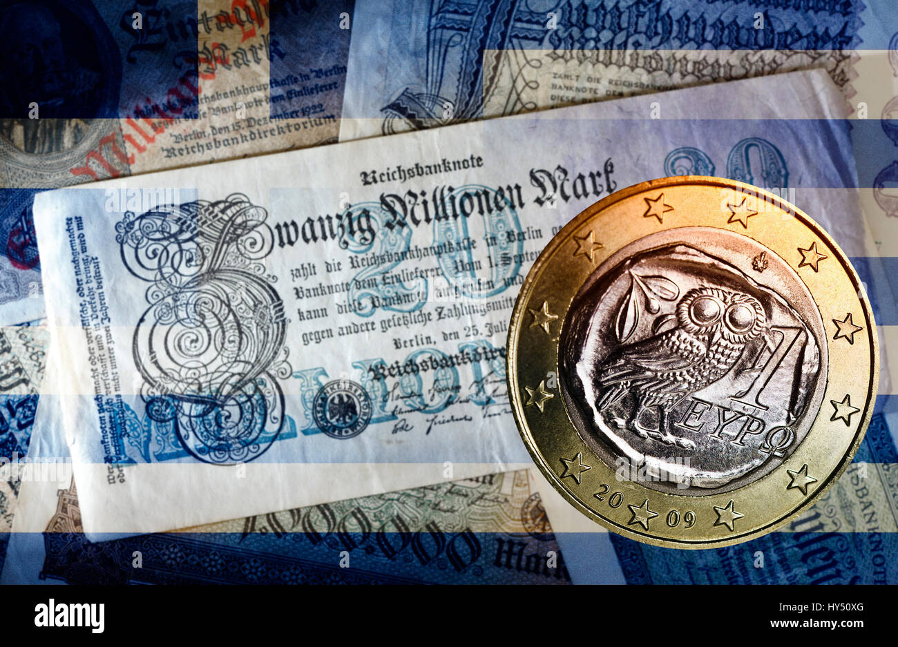 Old German inflation bank notes and Greek euro, Greek Reparationsforderungen, Alte deutsche Inflations-Geldscheine und griechischer Euro, griechische  Stock Photo