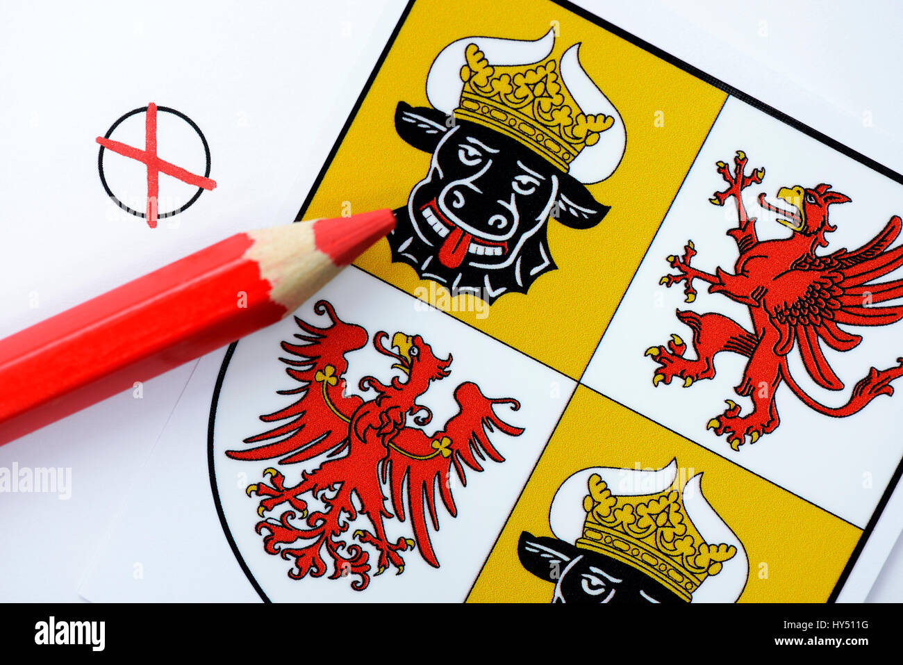 Land coats of arms of Mecklenburg-West Pomerania and electoral cross, election to Landtag, Landeswappen von Mecklenburg-Vorpommern und Wahlkreuz, Land Stock Photo