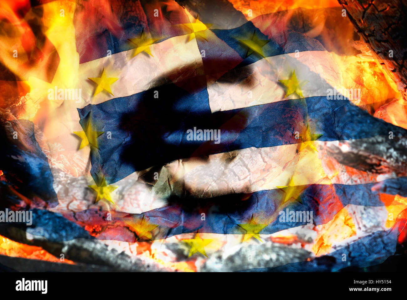 Greek flag, flames and eurosigns, symbolic photo debt quarrel, Griechische Fahne, Flammen und Eurozeichen, Symbolfoto Schuldenstreit Stock Photo