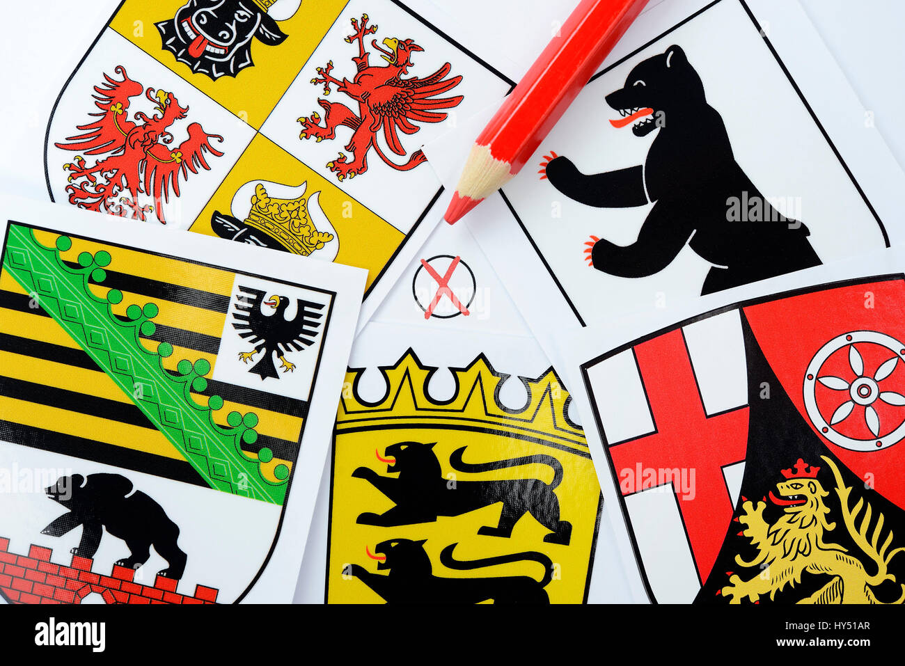 Land coats of arms of Berlin, Mecklenburg-West Pomerania, Rhineland-Palatinate, Saxony-Anhalt and Baden-Wurttemberg, regional elections in 2016, Laend Stock Photo