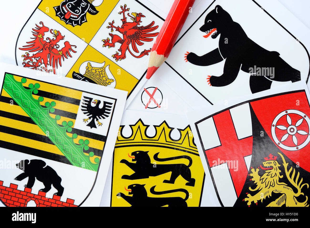Land coats of arms of Berlin, Mecklenburg-West Pomerania, Rhineland-Palatinate, Saxony-Anhalt and Baden-Wurttemberg, regional elections in 2016, Laend Stock Photo