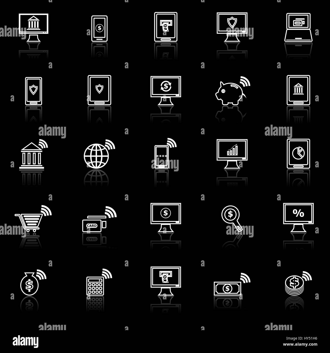 Online banking line icons with reflect on black background, stock vector Stock Vector