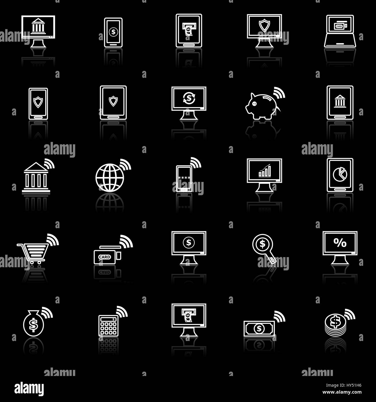 Online banking line icons with reflect on black background, stock ...