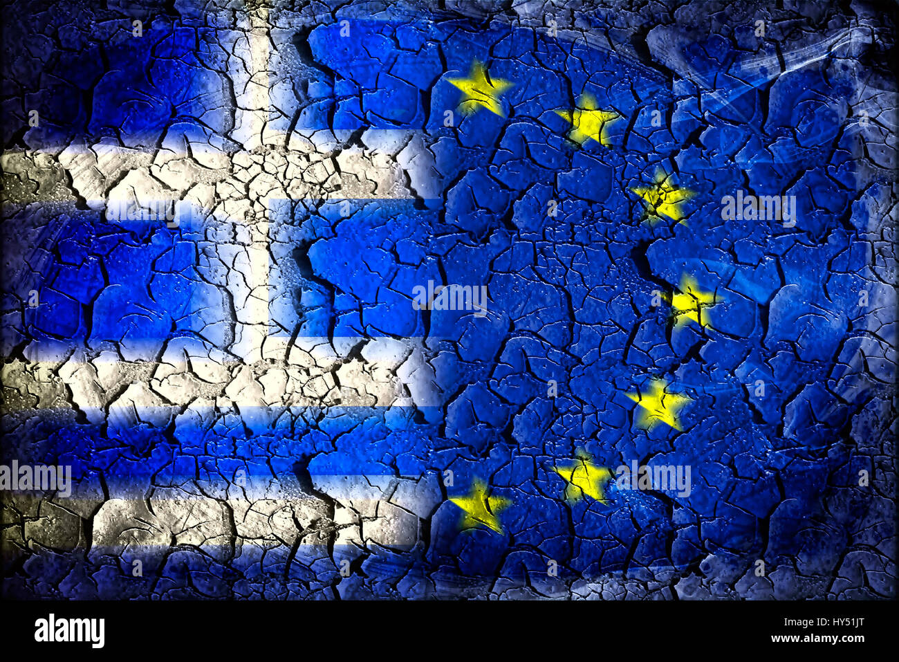 Greece and EU flag with tears, symbolic photo Grexit, Griechenland- und EU-Fahne mit Rissen, Symbolfoto Grexit Stock Photo