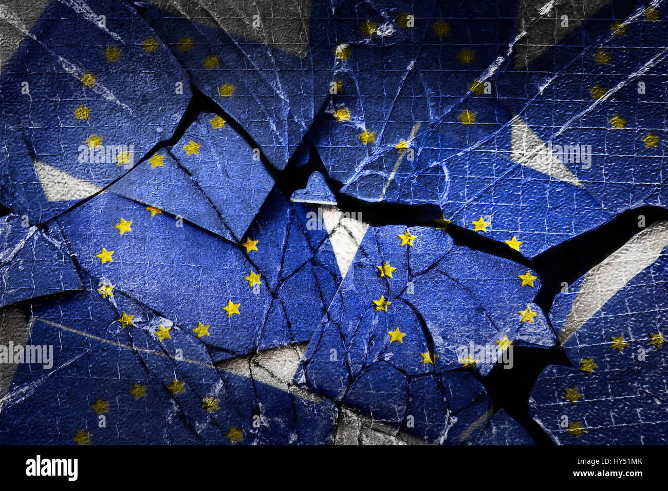 EU flags and broken glass, decay of Europe, EU-Fahnen und zerbrochenes Glas, Zerfall von Europa Stock Photo