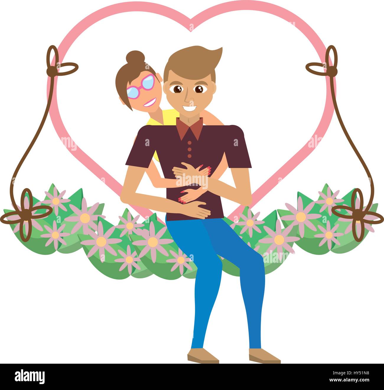 couple love embracing in swing floral image vector illustration eps 10 ...