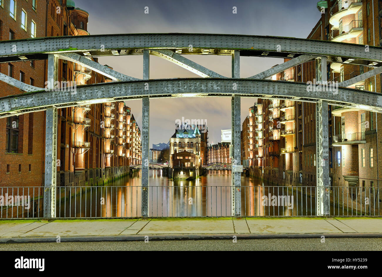 Water small castles between the canals in the memory town of Hamburg, Germany, Europe, Wasserschloesschen zwischen den Fleeten in der Speicherstadt vo Stock Photo