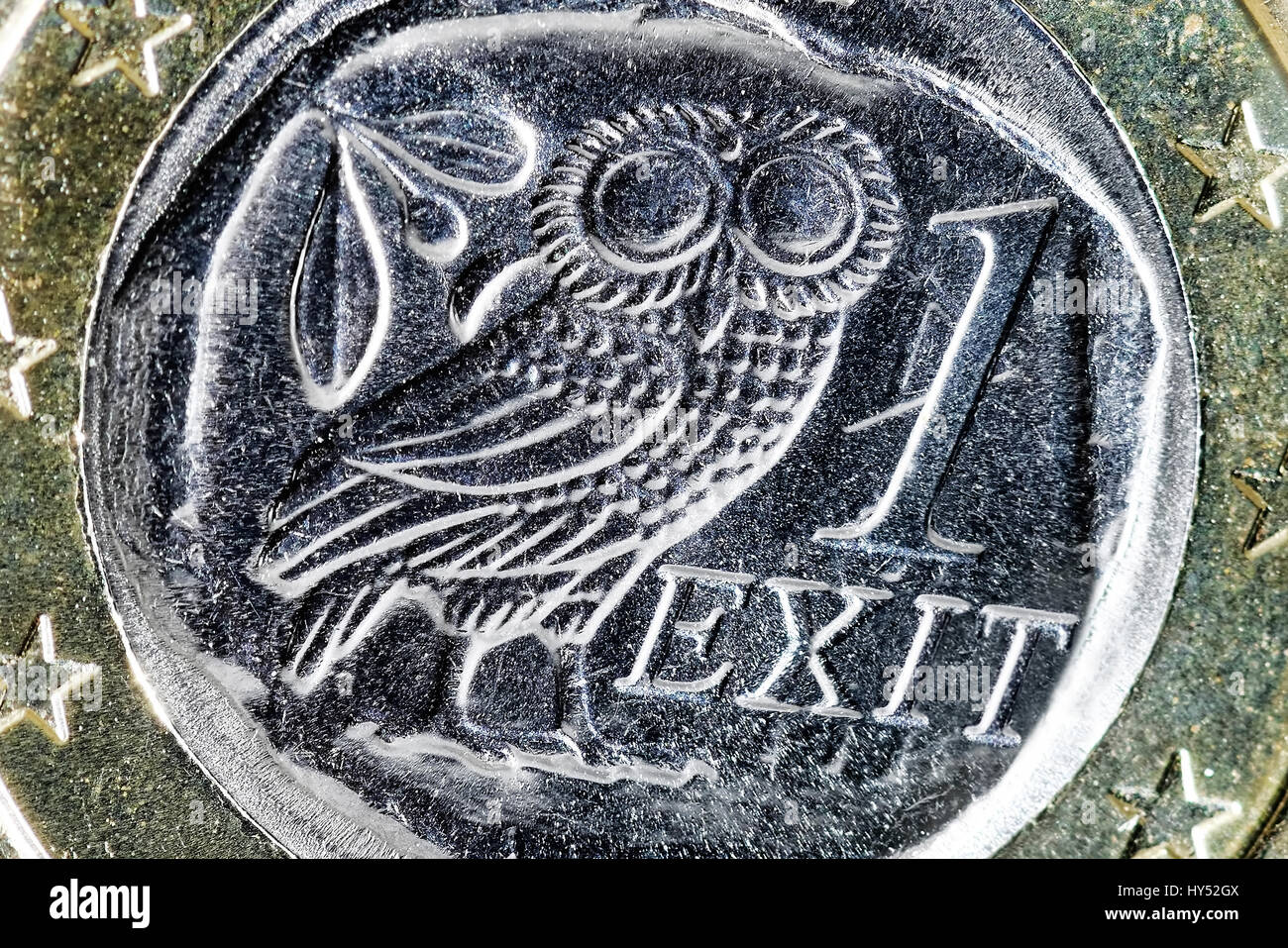 Greek euro-coin one and Exit stroke, Grexit, Griechische Ein-Euro-Muenze und Exit-Schriftzug Stock Photo