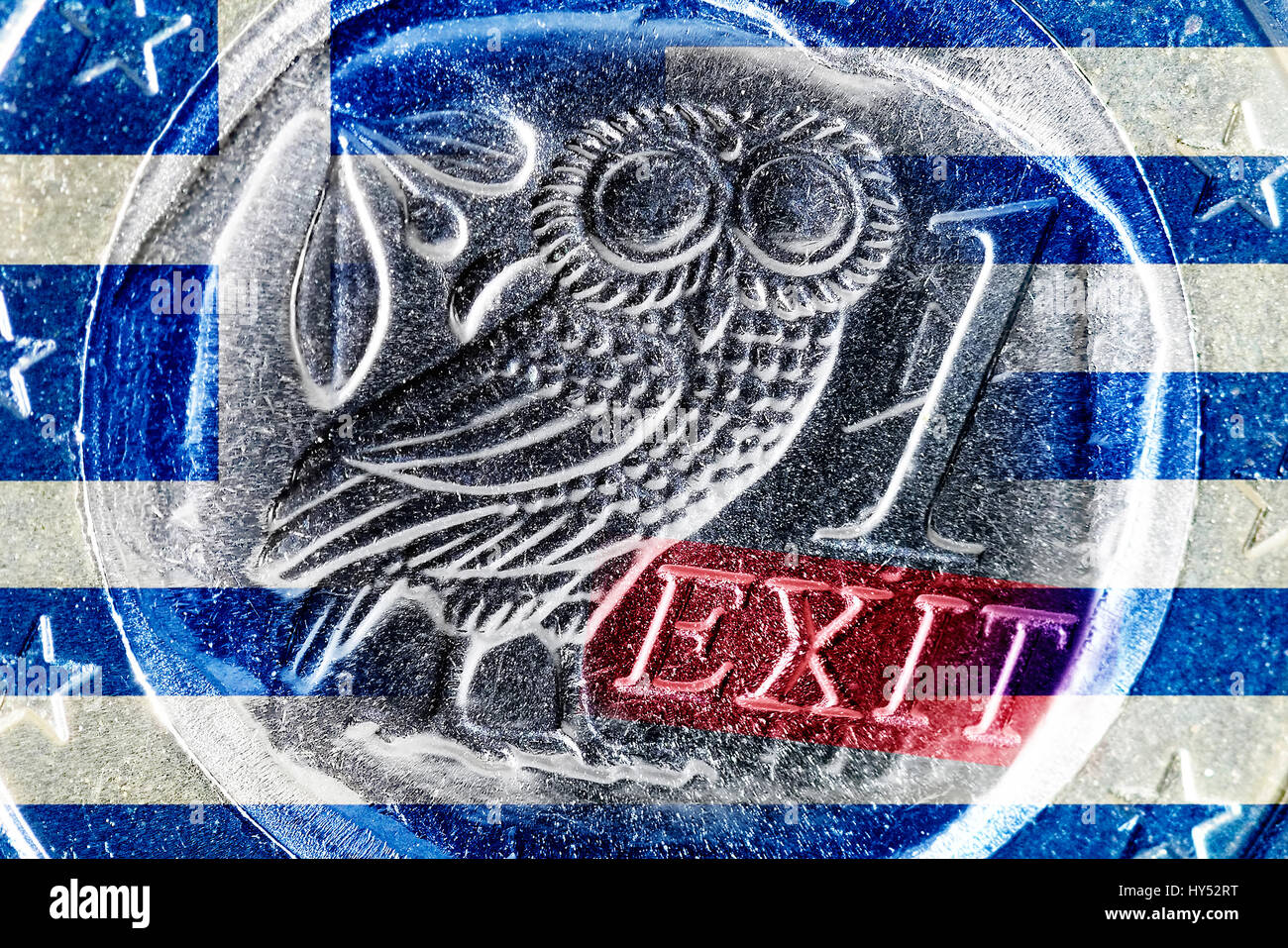 Greek euro-coin one and Exit stroke, Grexit, Griechische Ein-Euro-Muenze und Exit-Schriftzug Stock Photo