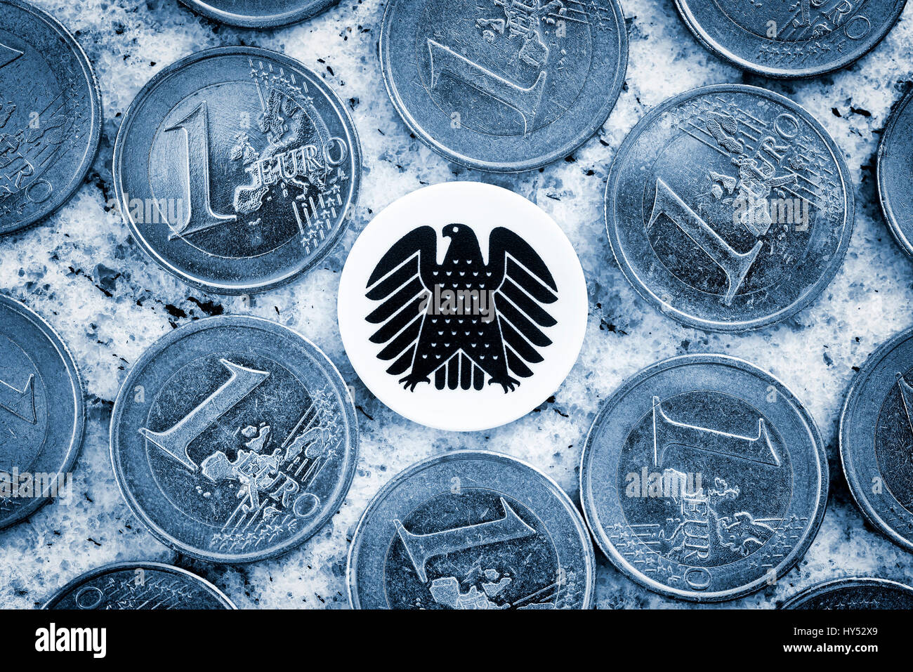 Monetary coins and federal eagles, parliamentary pay rise, Geldmuenzen und Bundesadler, Diaetenerhoehung Stock Photo