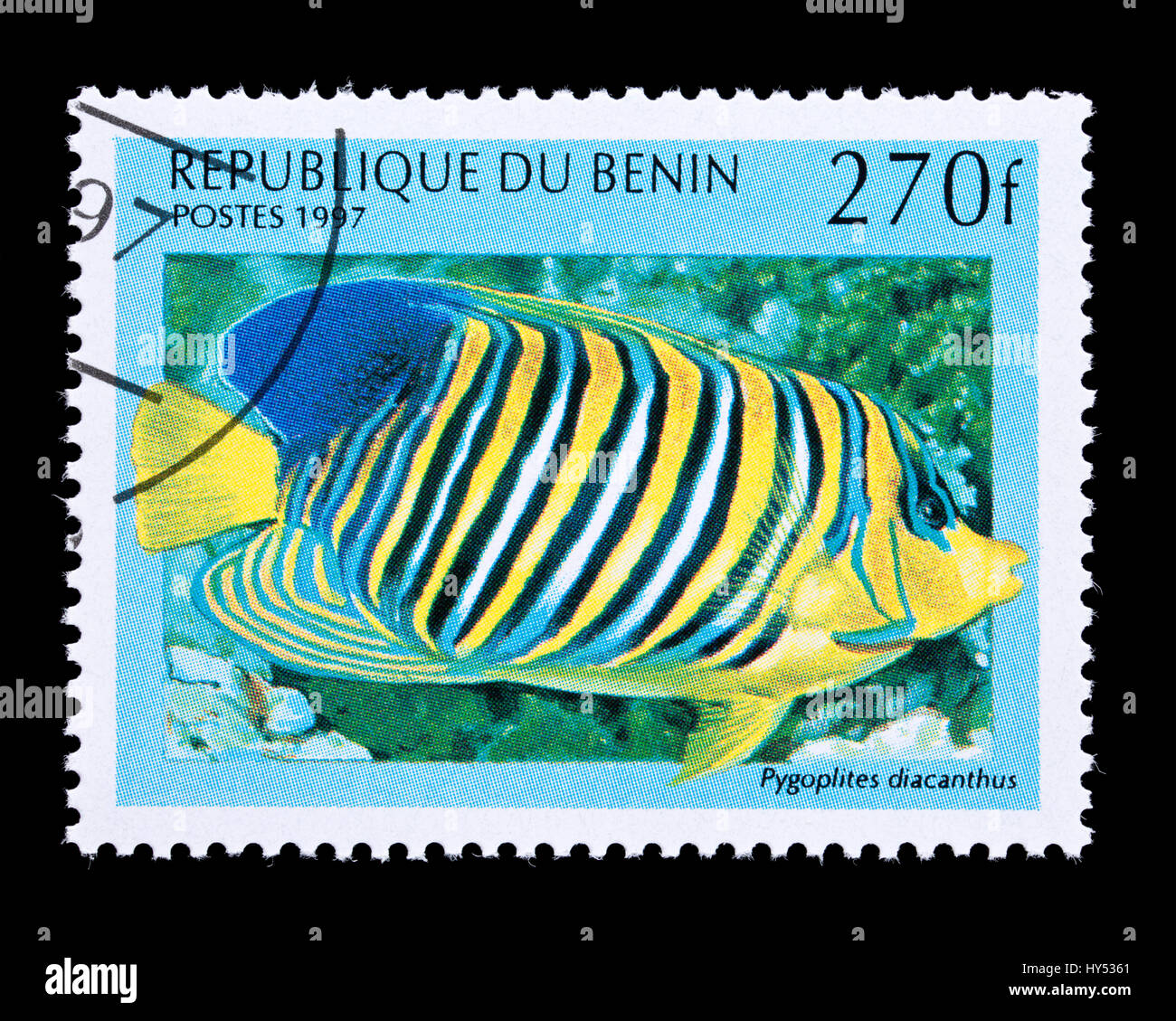 Postage stamp from Benin depicting a Regal Angelfish  (Pygoplites diacanthus) Stock Photo