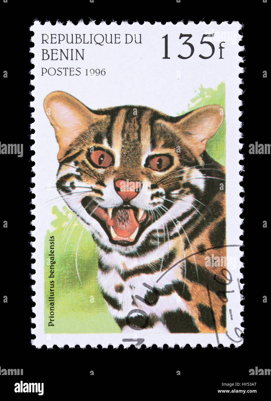 Postage stamp from Benin depicting a leopard cat (Prionailurus bengalensis) Stock Photo