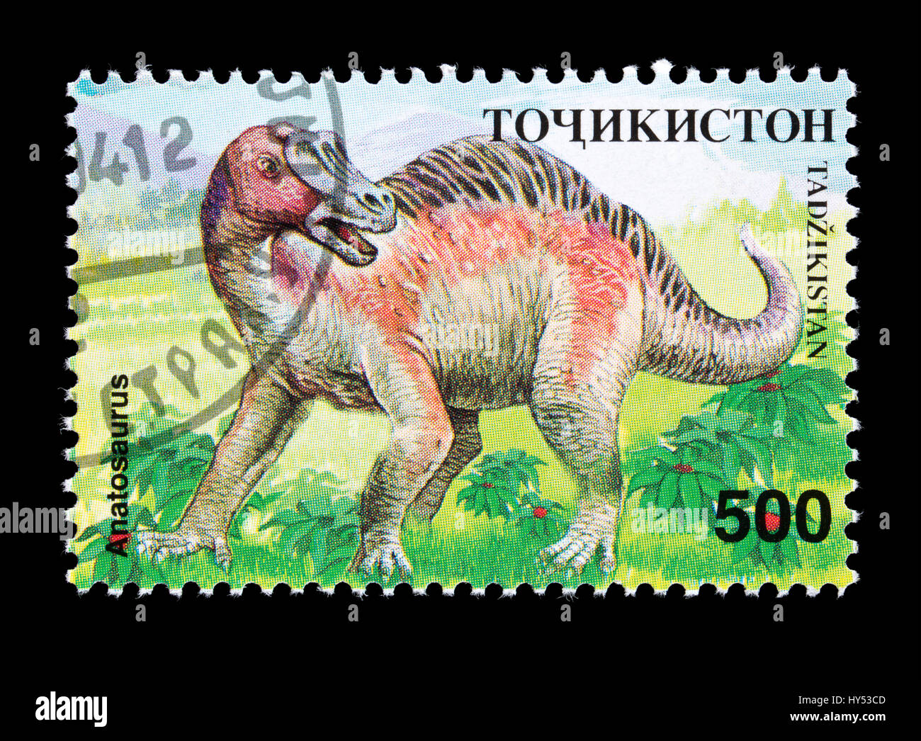 Postage stamp from Tajikistan depicting a anatosaurus dinosaur Stock Photo