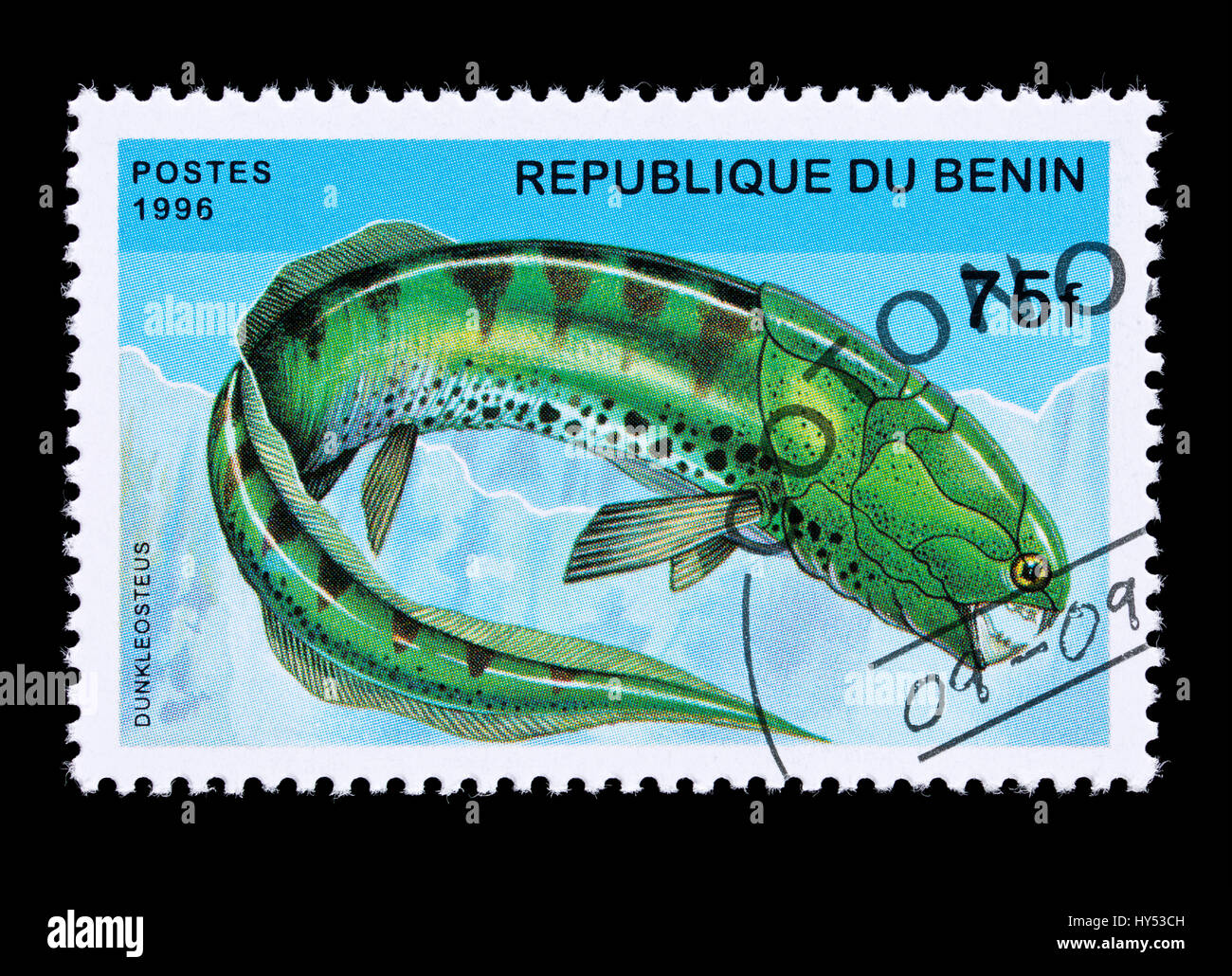Postage stamp from Benin depicting a dunkleosteus (ancient fish) Stock Photo
