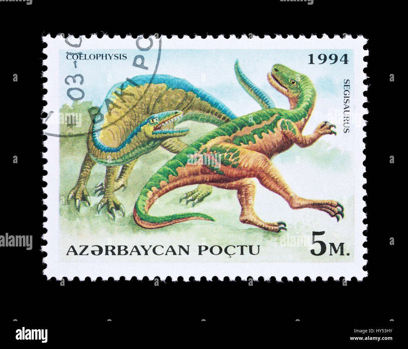 Postage stamp from Azerbaijan depicting a coelophysis and segisaurus dinosaurs Stock Photo