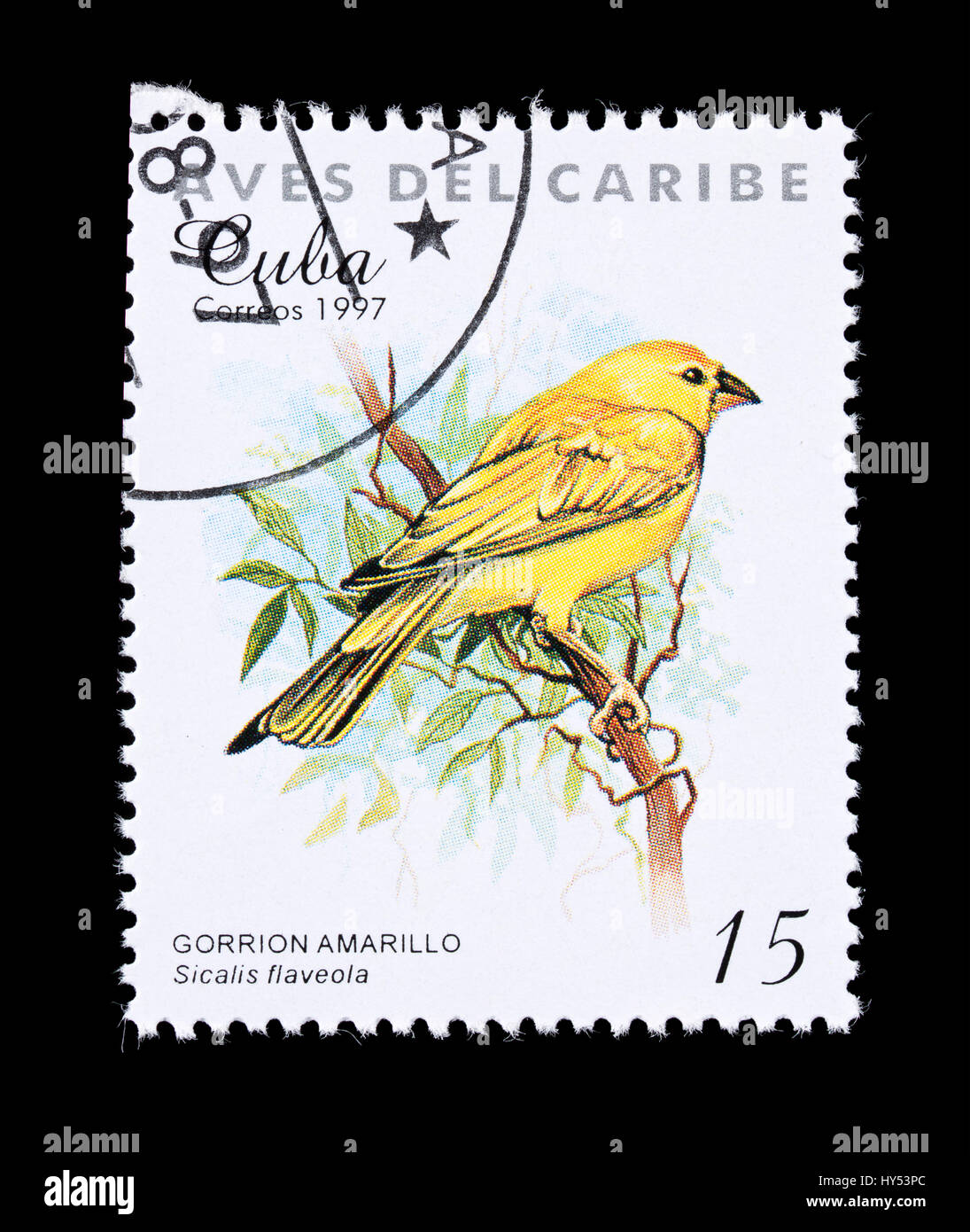 Postage stamp from Cuba depicting a saffron finch (Sicalis flaveola) Stock Photo