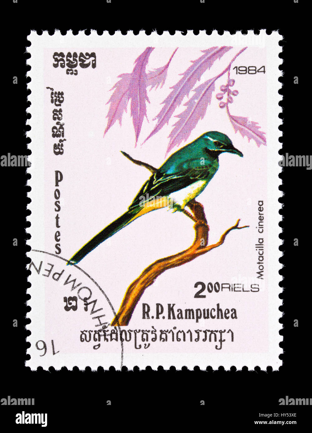 Postage stamp from Cambodia (Kampuchea) depicting a grey wagtail (Motacilla cinerea) Stock Photo