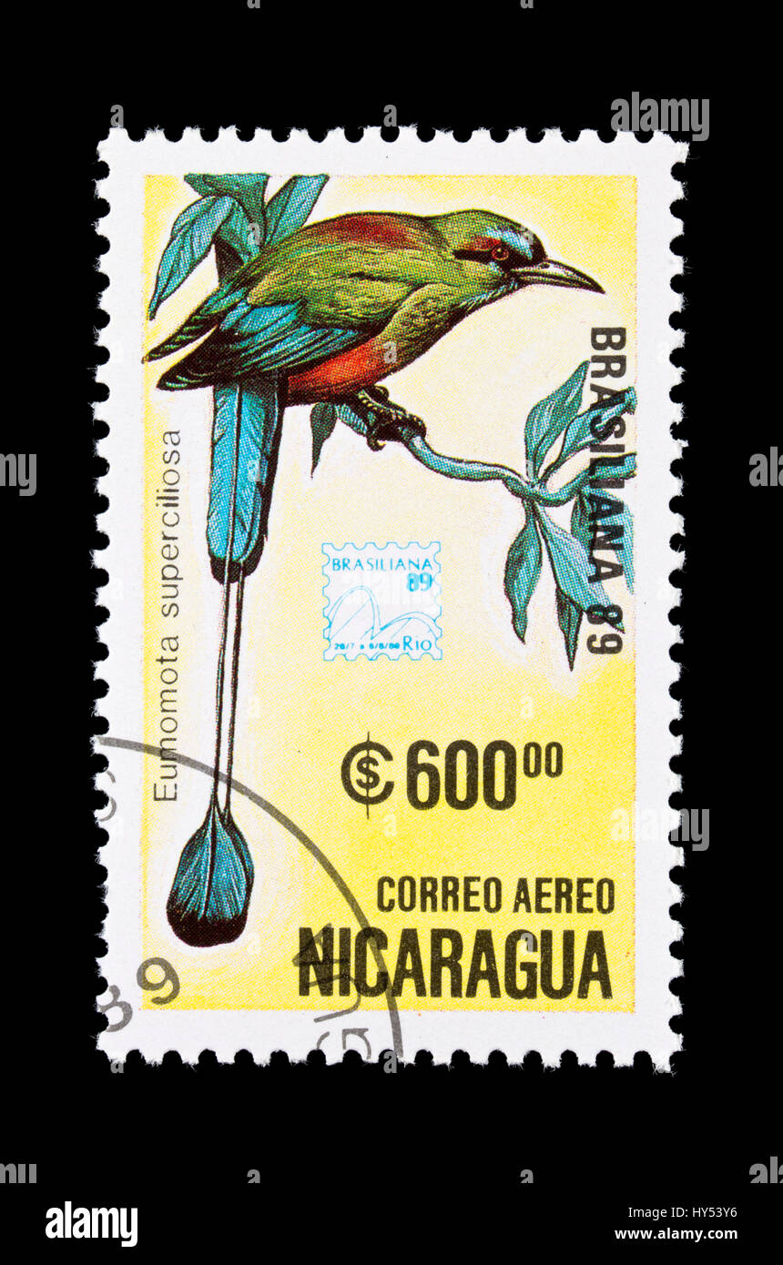 Postage stamp from Nicaragua depicting a turquoise-browed motmot ...