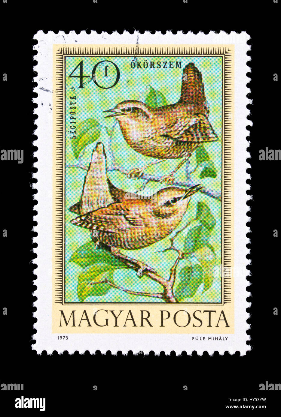 Airmail stamp from Hungary depicting wrens Stock Photo