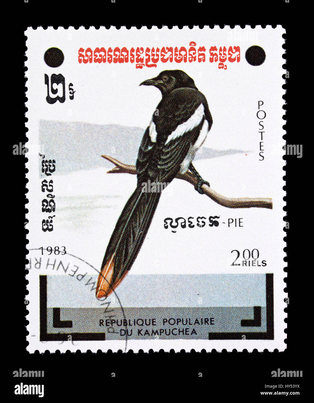 Postage stamp from Cambodia depicting a magpie. Stock Photo