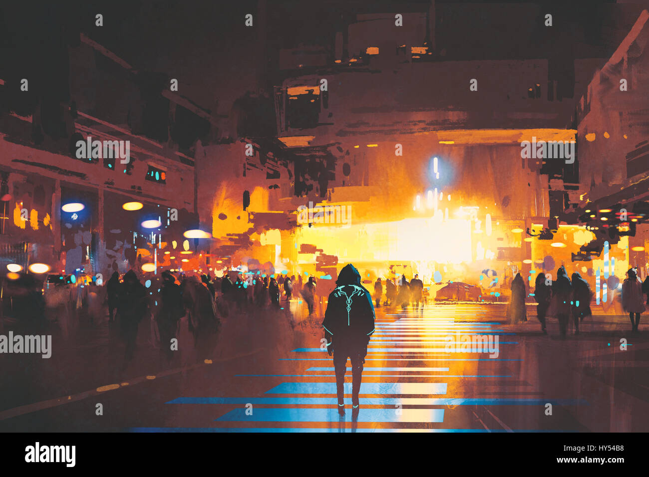 man standing on street looking at futuristic city at night, sci-fi concept, illustration painting Stock Photo