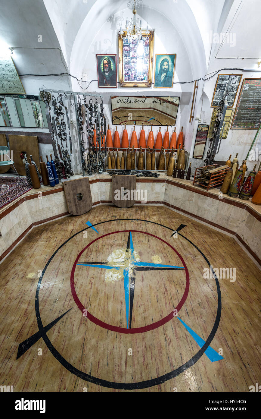 Octagonal arena and training gear in Zoorkhaneh (House of Strength), traditional gymnasium in Yazd city, capital of Yazd Province of Iran Stock Photo