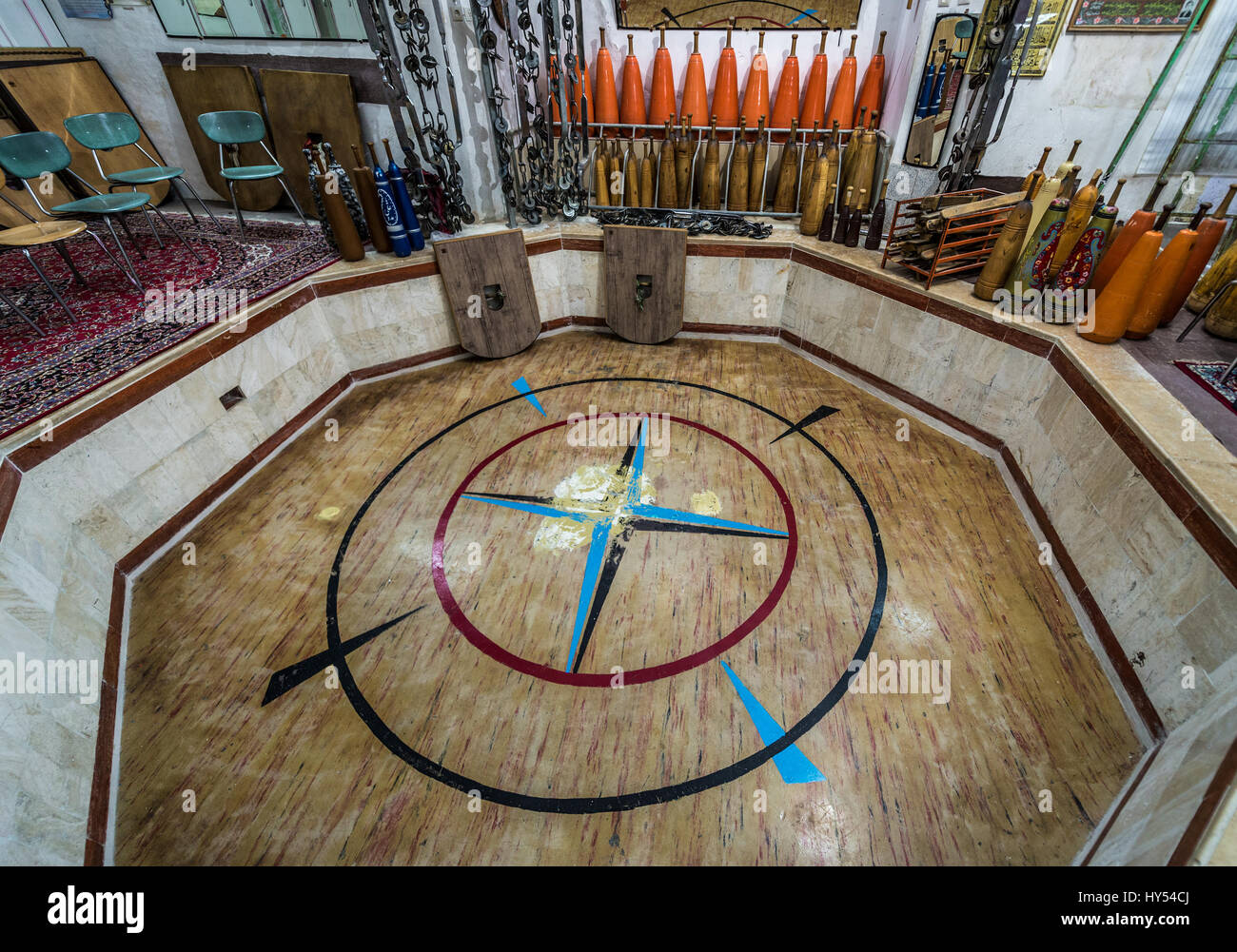 Octagonal arena and training gear in Zoorkhaneh (House of Strength), traditional gymnasium in Yazd city, capital of Yazd Province of Iran Stock Photo
