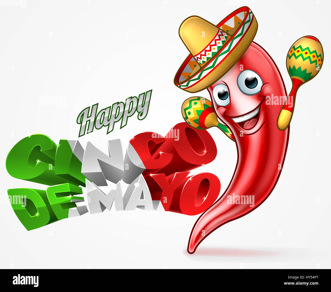 A Happy Cinco De Mayo Mexican design with red chilli pepper cartoon character in sombrero straw hat holding maracas shakers Stock Photo