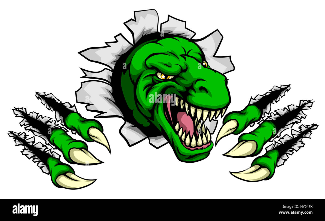 Cartoon T Rex tyrannosaurus dinosaur mascot ripping through the