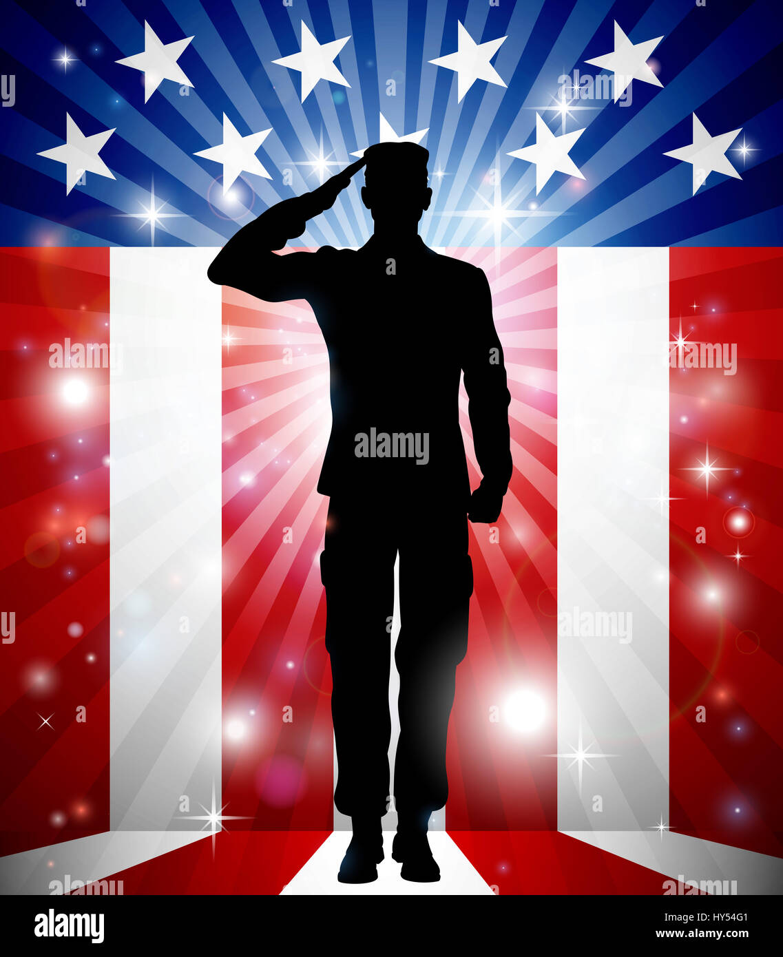 A US soldier saluting in front of an American flag background for Veterans Day Stock Photo