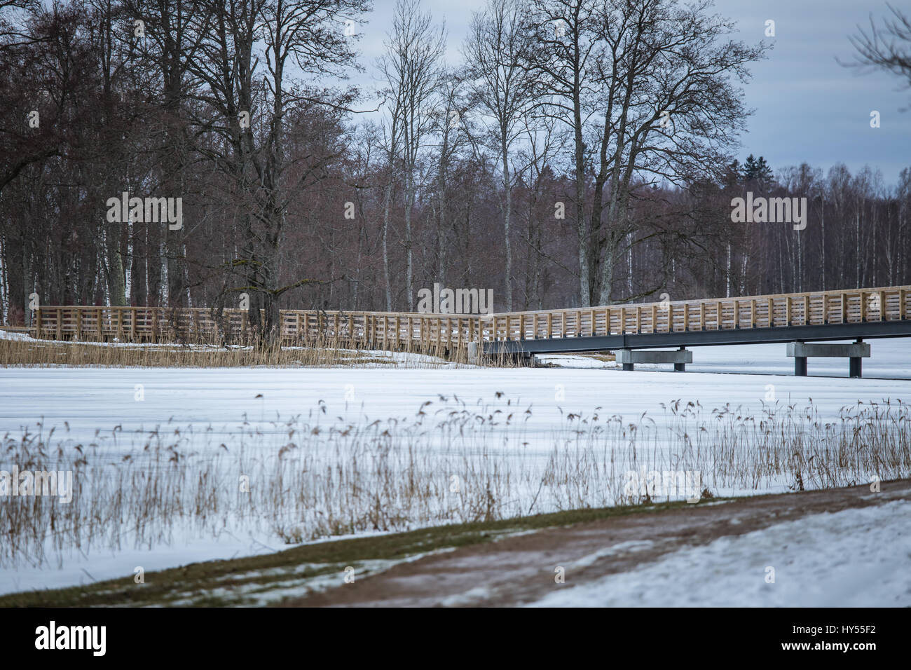A beautiful winter landscape with a bridge over the frozen river Stock ...