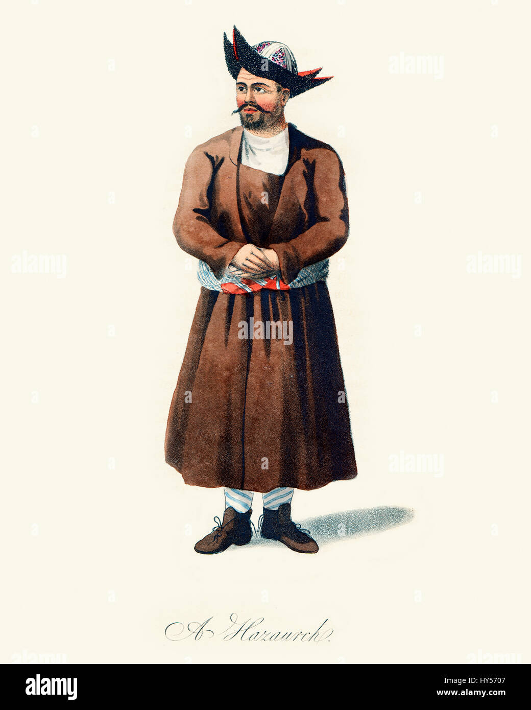 Vintage colour engraving from 1819 showing an Afghan man of Hezareh Stock Photo
