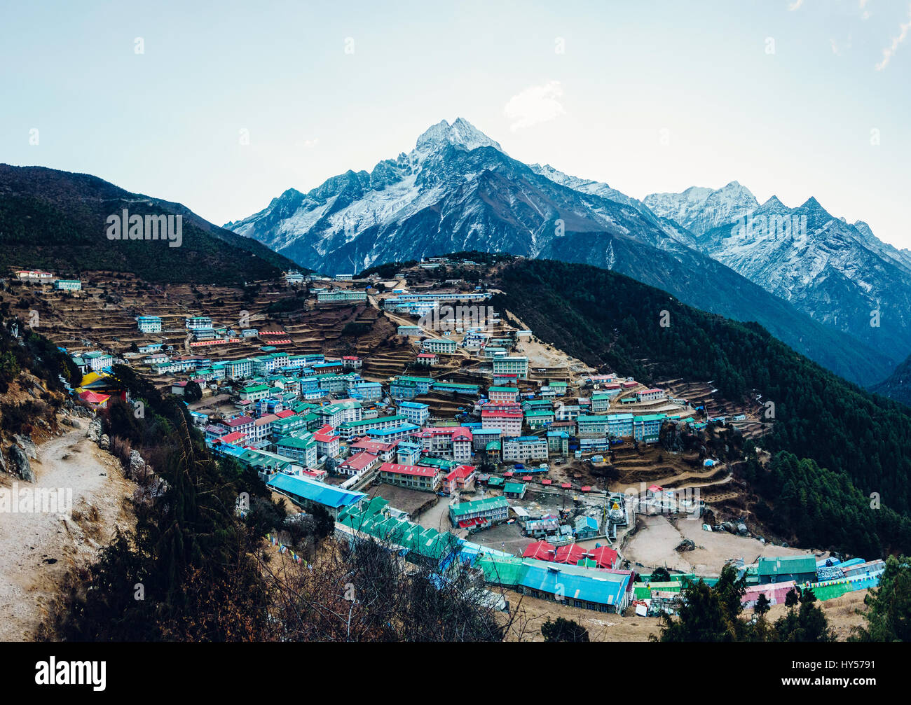 Namche Bazaar and Thamserku mountain in Solukhumbu district, Nepal