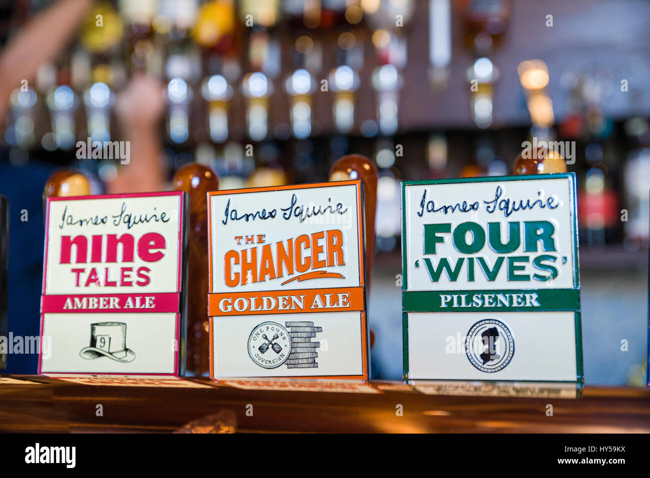 Signs; pub beer pump handles; James Squire, an Australian beer brand. Craft beer; draught beer, draft beer; amber ale; golden ale; Australia beer Stock Photo