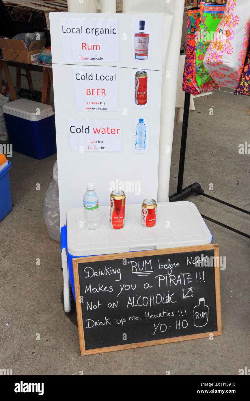 Amusing sign outside shop selling drinks, Fort-de-France, Martinique Stock Photo