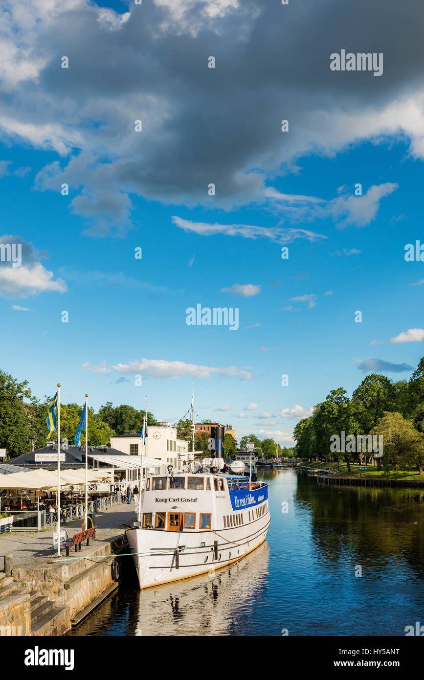 Sweden, Uppland, Uppsala, Fyris, Boat moored in canal Stock Photo