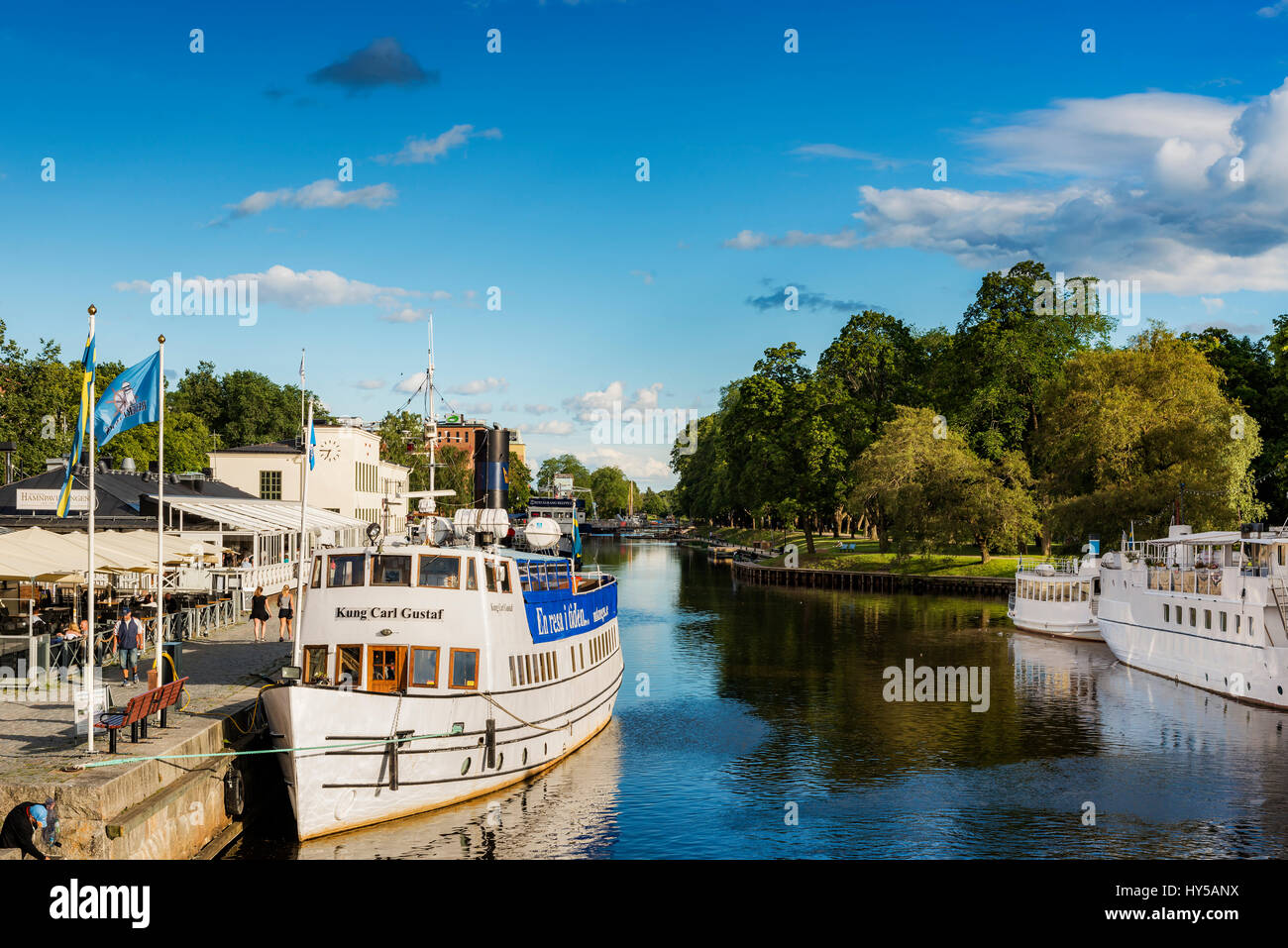 Sweden, Uppland, Uppsala, Fyris, Boats moored in canal Stock Photo