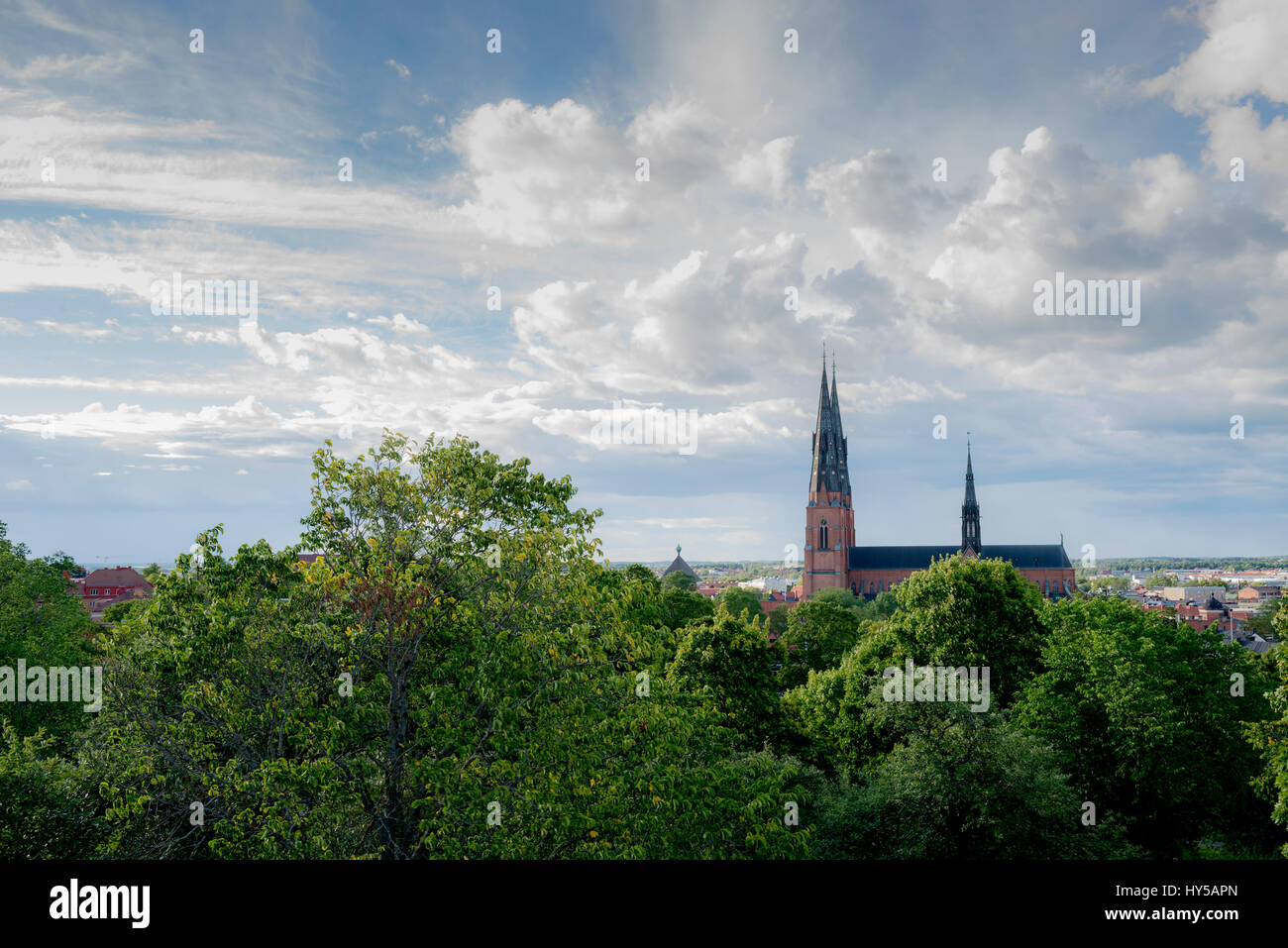 Sweden, Uppland, Uppsala, Uppsala Cathedral tower over trees Stock Photo