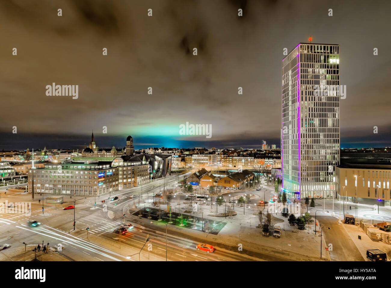 Sweden, Skane, Malmo, Malmo Live building illuminated at night Stock Photo