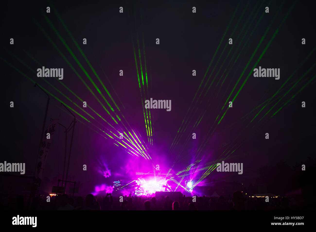 Finland, Satakunta, Rauma, Laser beams on stage at pop concert Stock Photo