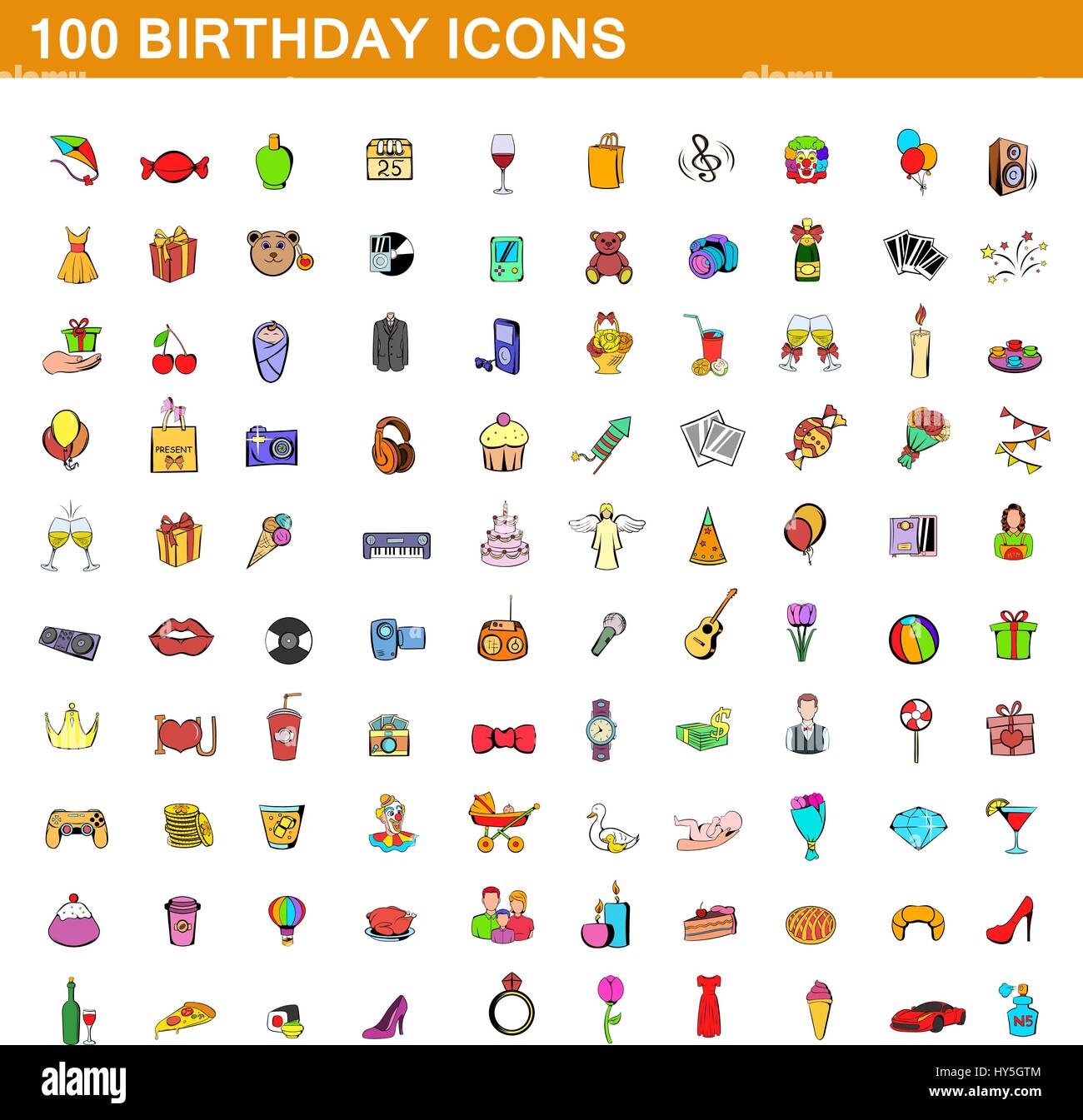 100 birthday icons set, cartoon style Stock Vector