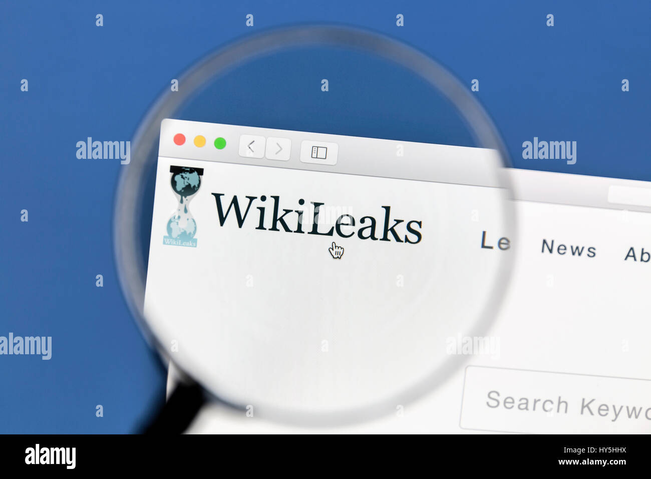 WikiLeaks website website under a magnifying glass. WikiLeaks is an international non-profit organisat Stock Photo