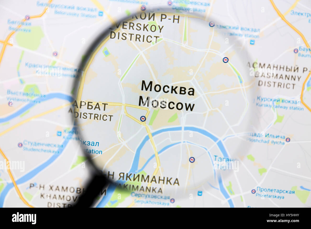 Moscow map. Map of Moscow on Google Maps under a magnifying glass. Moscow is the capital city of Russia Stock Photo