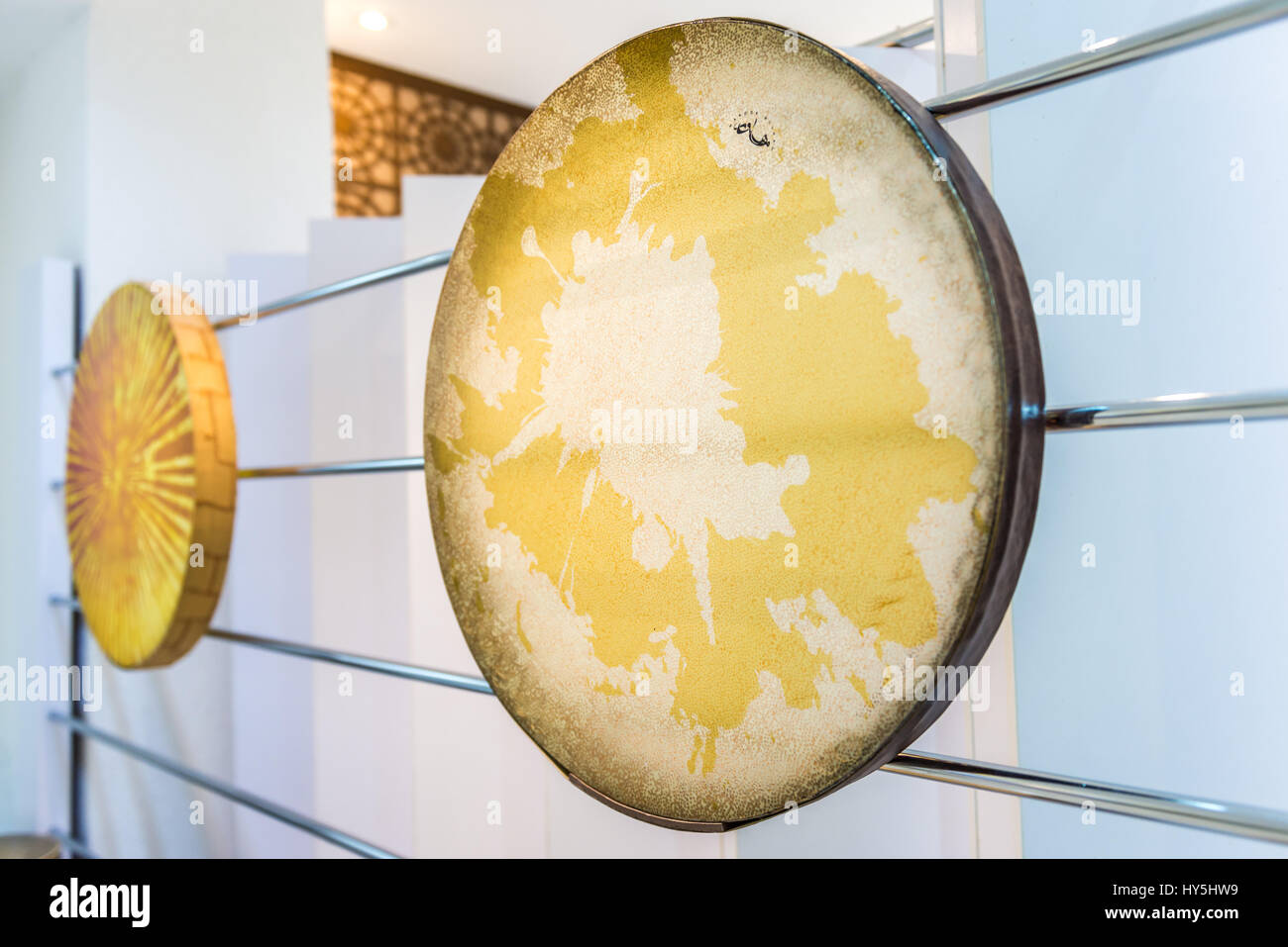 Traditional Persian frame drum called Daf in Museum of Music, homage to Iran's musical traditions in Isfahan, Iran Stock Photo