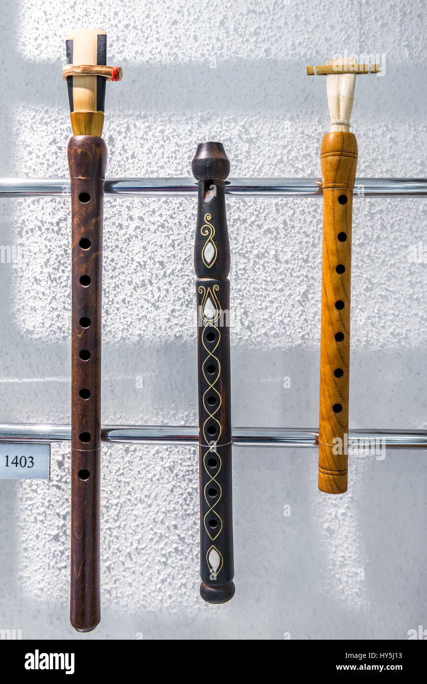 Traditional flutes from Iranian Azerbaijan region in Museum of Music, homage to Iran's musical traditions in Isfahan, Iran Stock Photo