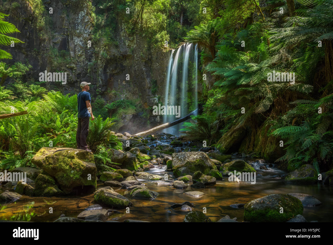 Young hiker looks at the Hopetoun Falls across the Aire River in  Victoria, Australia. Long exposure. Stock Photo