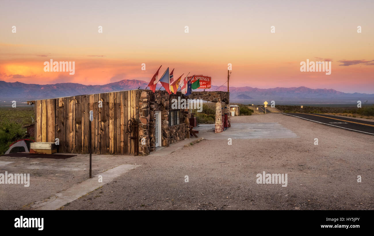 COOL SPRINGS, ARIZONA, USA - MAY 19, 2016: Rebuilt Cool Springs station in the Mojave desert on historic route 66 at sunset. Stock Photo