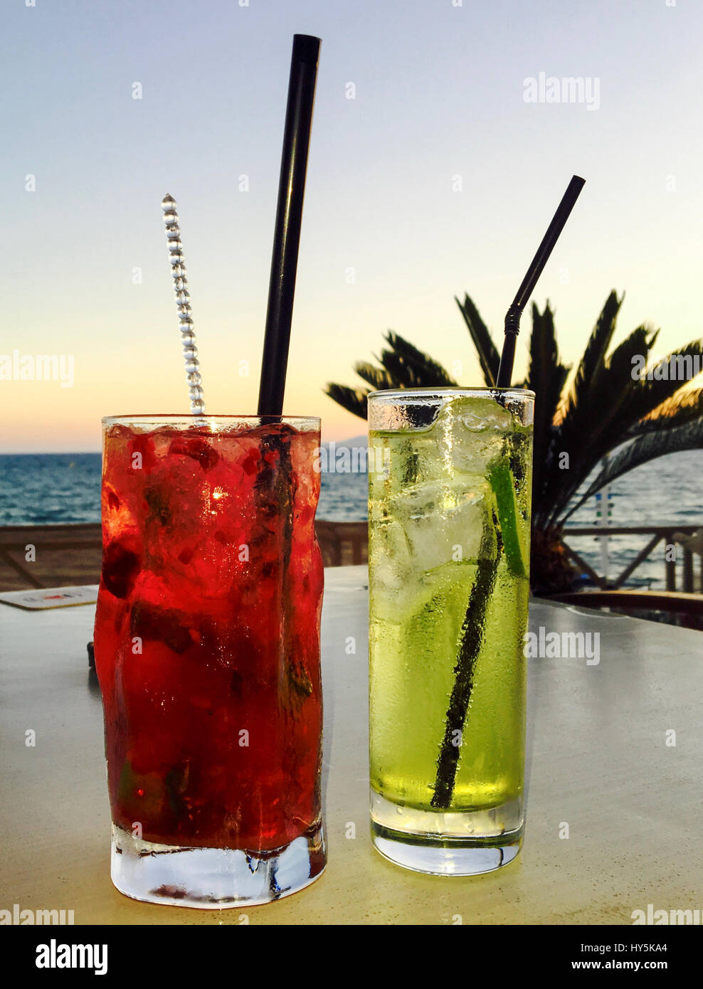 Cocktails on a table in a beach bar Stock Photo