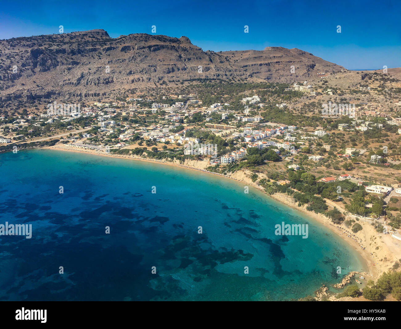 Aerial shot of a beautiful bay in Pefkos, Rhodes, Greece Stock Photo