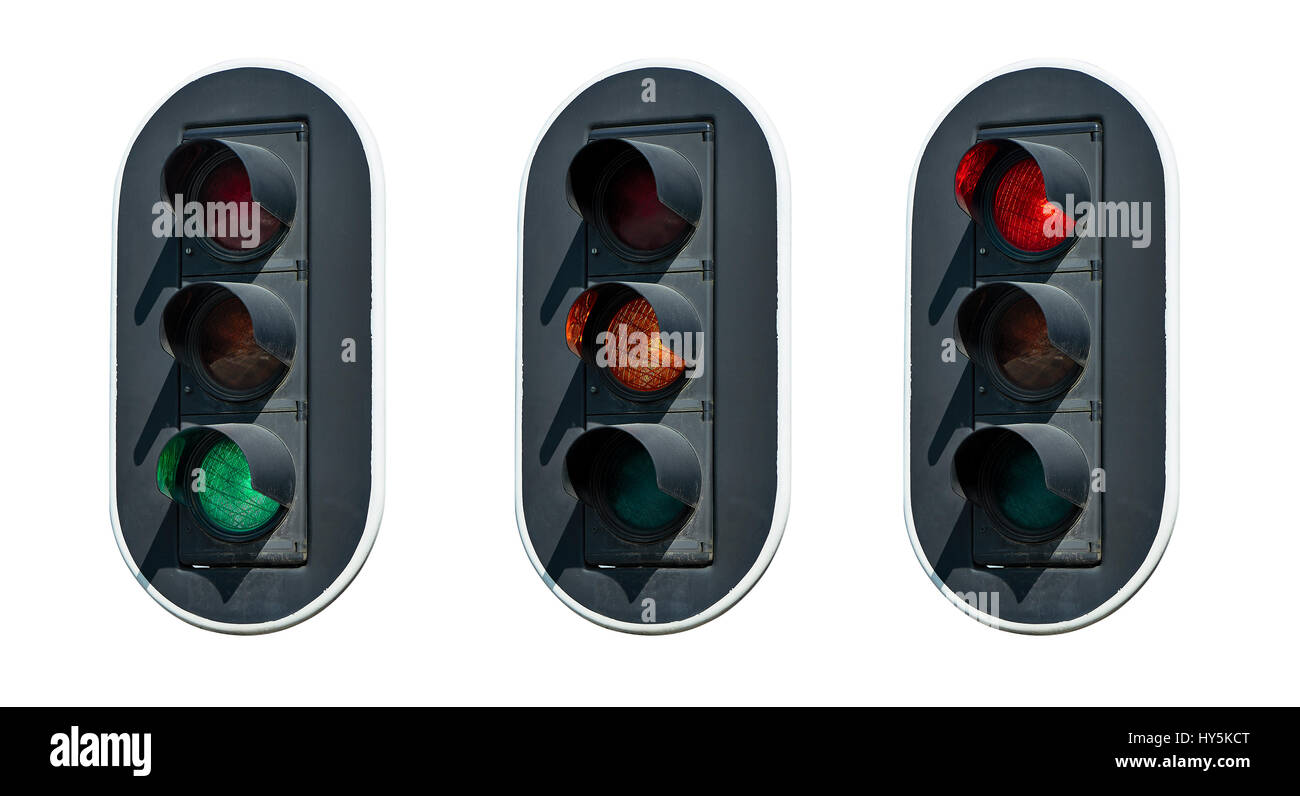 Green, yellow, and red traffic lights in the city of brussels, Europe. On white background with clipping path Stock Photo